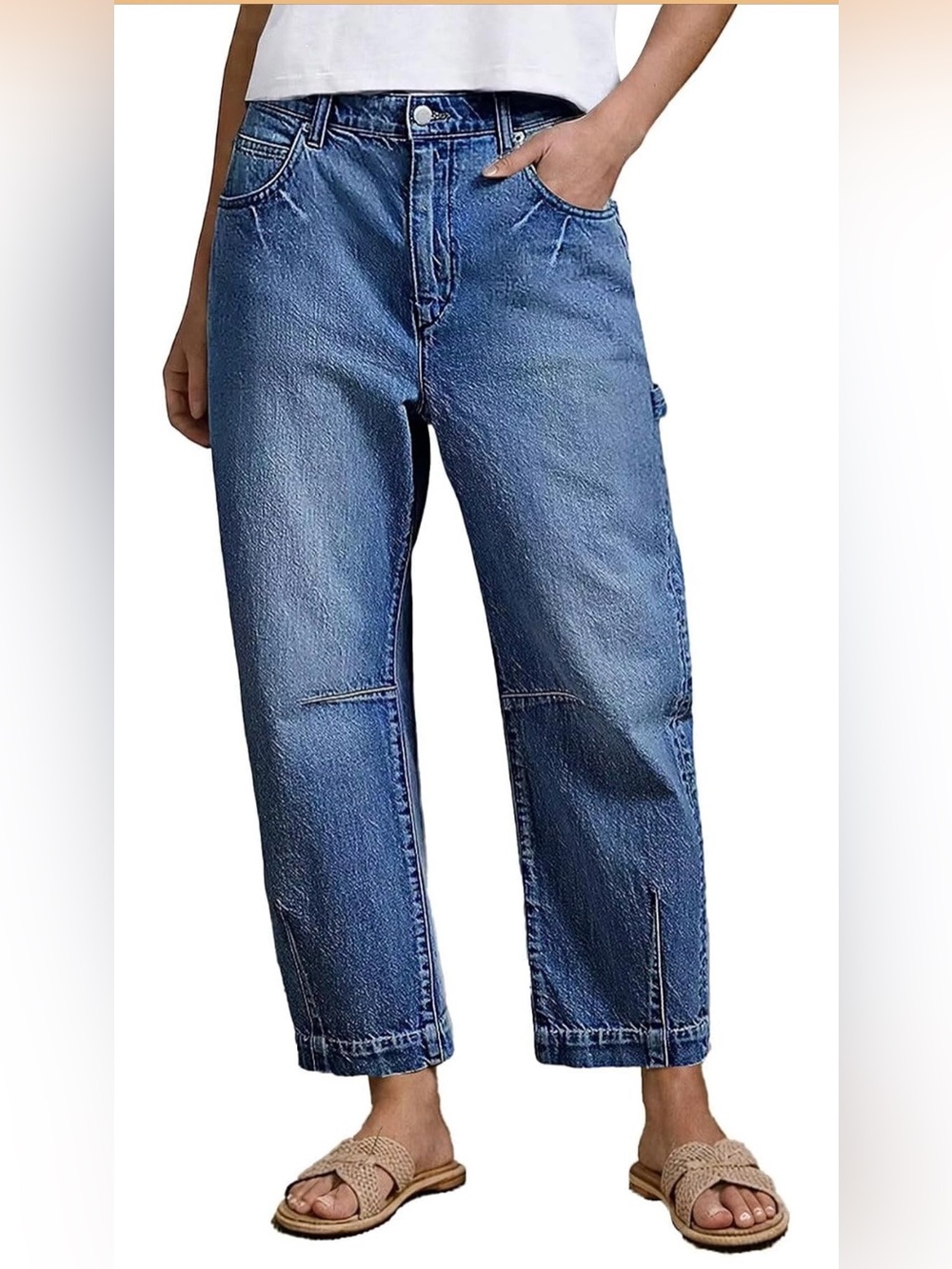 Flamingals Wash Flap Pocket Stitch Detail High Waist Barrel Leg Crop Jeans